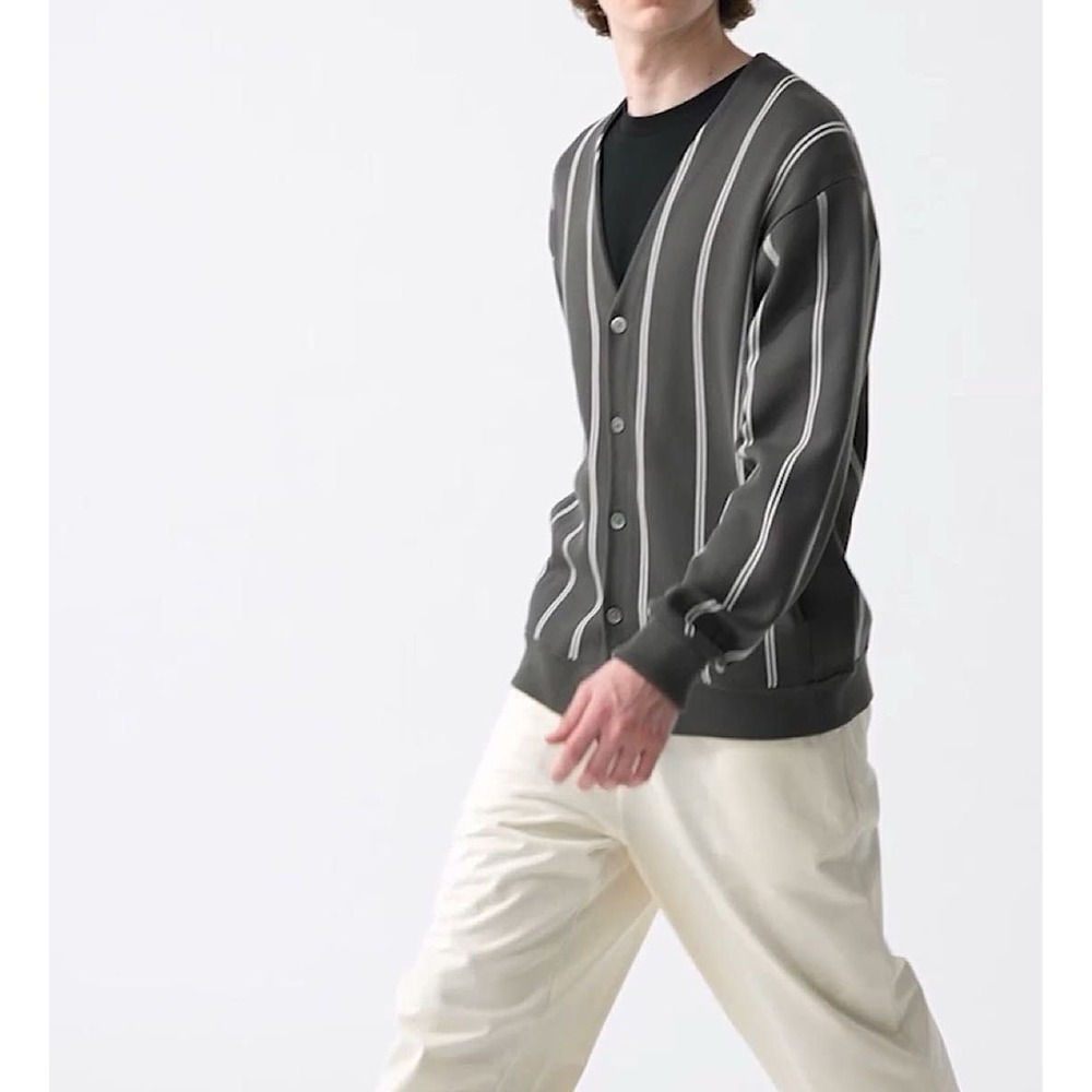 GU Uniqlo Mens Vertical Stripe Knit Cardigan Gray White XL 828-469446